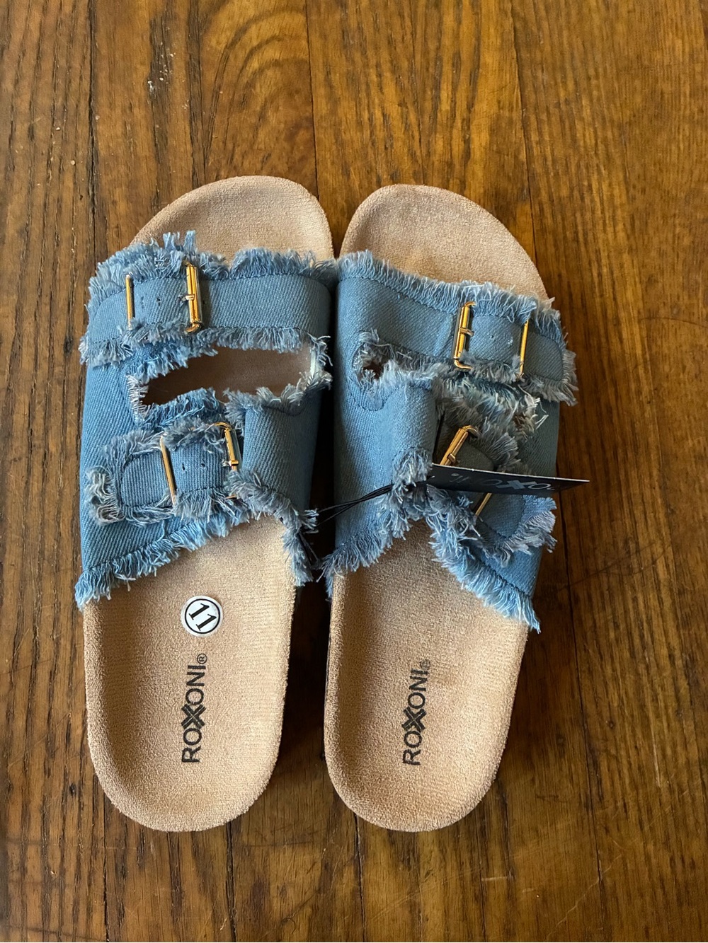 Roxoni Women's Blue Denim Double-Buckle Slide Sandals - Picture 3 of 4
